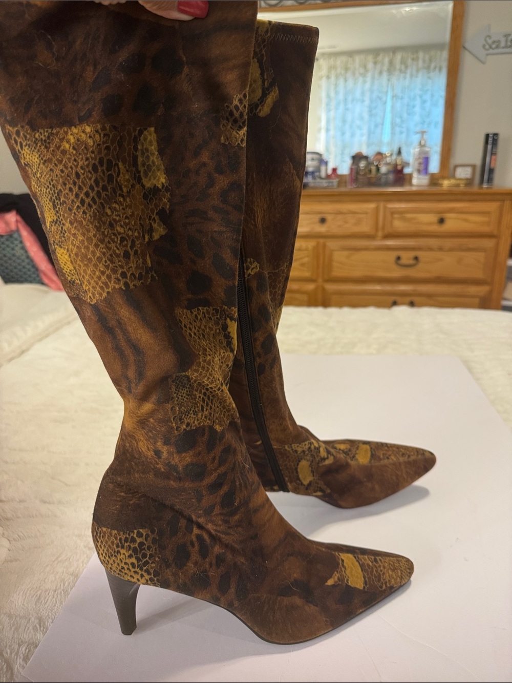 Women's Brown Snakeskin-Print Pointed Knee Boots